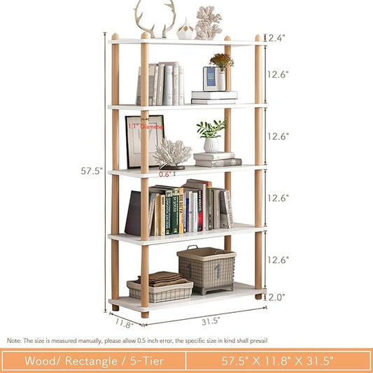 IOTXY 5-Tier Wooden Shelf Bookcase - Modern Open Bookshelf, Free Standing Storage Rack, Multifunctional Display Stand for Home and Office, White, Rectangle