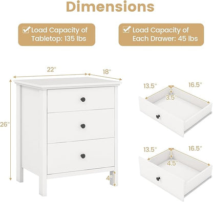 KOMFOTT 3 Drawers Nightstand, Wooden Bedside Table, Modern Sofa Side End Table, Space-Saving Telephone Table, Chest of Drawers for Living Room, Bedroom & Office (1, White)
