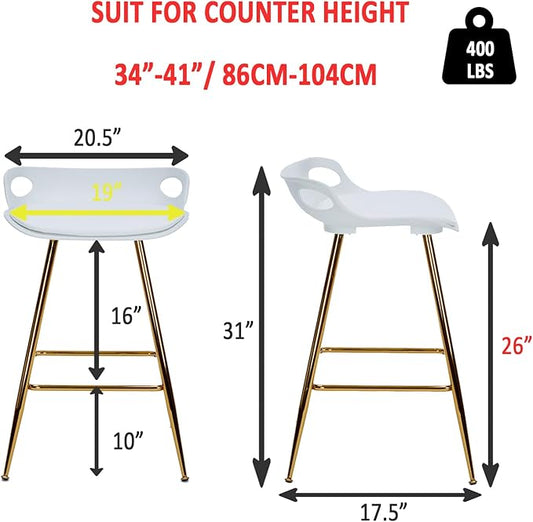 Sidanli Bar Stools Set of 2, Gold Bar Stools, Counter Height Stools with Leather Padded Seats and Footrests, 26 Inch White Barstools for Kitchen Island, Farmhouse or Home Bar