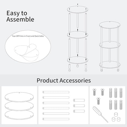 Clear Round Acrylic Side Table for Small Spaces, 11.81" L x 11.81" W x 26.7" H, 3 Tier Small Modern Drink End Table Nightstand, Minimalist Bedside Table for Living Room, Bedroom, Bathroom