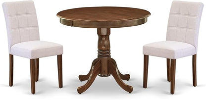 East West Furniture ANAS3-AWA-08 3 Piece Kitchen Dining Table Set contain A Modern Table and 2 Mist Beige Polyester Fabric Upholstered Dining Chairs, Antique Walnut