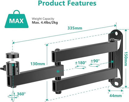 WALI Foldable Projector Wall Mount Universal Adjustable Wall Projector Mount Aluminum Alloy Projectors Stand,1/4" M4 M6 Screw Size,(1330LM-PM), Black