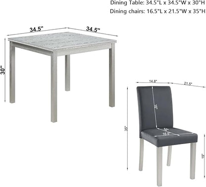 Dining Table Set for 4, 5-Piece Dining Room Table Set with Square Crystal Decoration Table & 4 Upholstered Backrest Chairs, Counter Height Kitchen Sets with Faux Wood Grain Design, Grey