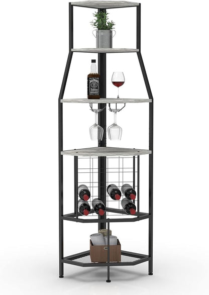 5-Tier Corner Wine Rack Floorstanding with Glass Holder and Bottles Wine Storage Home Bar Furniture for Home Kitchen Dining Room Industrial Metal and Wooden Corner Shelf