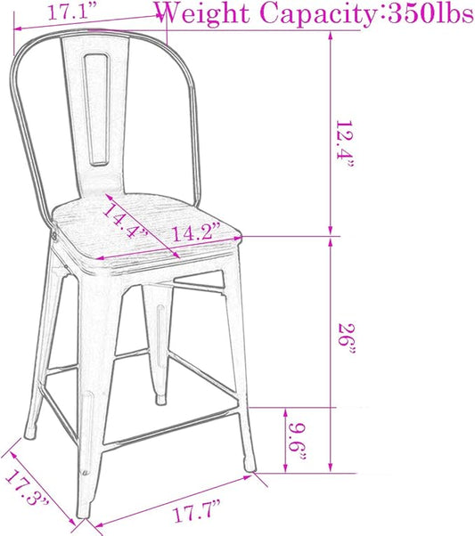 Changjie Furniture 26 Inch Metal Barstools Set of 4 Counter Height Bar Stools Industrial Stools with Backs High Back Chairs for Kitchen Island (26 Inch, Black)