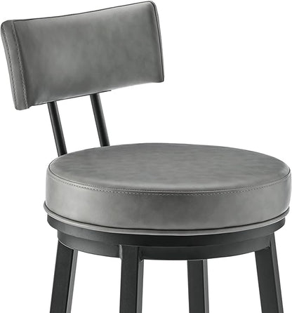 Armen Living Dalza Swivel Counter or Bar Stool in Black Finish with Grey Faux Leather