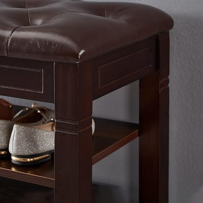 Shoe Storage Bench, Entryway Shoe Rack with Fiberleather Seat 2-Tier Lift Top Organizer Wooden Shoe Bench for Entryway Hallway Living Room (Dark Brown 39.4x13.8x18.9'')