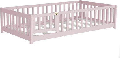 Twin Floor Bed Frame with Slats and Safety Guardrail, Wood Twin Size Montessori Floor Bed with Door and Fence, Easy Assemble Montessori Beds for Kids, Girls, Boys, Pink