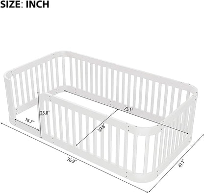 Bellemave Twin Floor Bed with High Fence and Rounded Corner Design, Wood Montessori Floor Bed with Guardrail and Entrance, Easy Assemble Montessori Bed Twin Size, White
