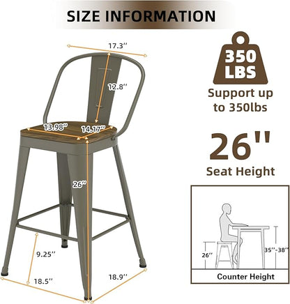 Metal Bar Stools Set of 4, High Back Bar Stools with Wooden Seat, 26 inch Rusty Barstools for Kitchen Island