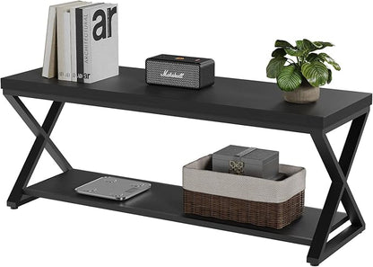 IBF Black Bench, Modern Entryway Bench for Bedroom, Wood Metal Storage Hallway Bench for Dining Living Room, Farmhouse Shoe Rack Indoor Accent Seating Bench for Foyer Entrance, Black Oak, 47 Inch Long