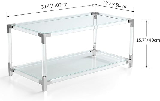 Saint Mossi 202302CR Glass Coffee Table, Double Layer Glass Coffee Table for Living Space, L41 x W21 x H16, Clear Glass Top, Clear Acrylic Leg & Chrome Frame