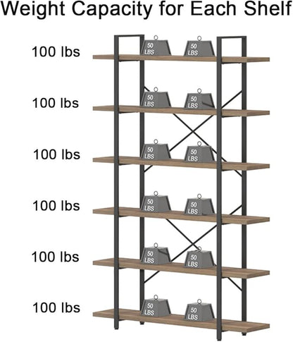 HSH Tall Bookcases and Book Shelves 6 Shelf, Metal Wooden Book Shelf and Storage Rack, Modern Etagere 6 Tier Bookshelf, Farmhouse Large Display Bookshelves for Bedroom Living Room Office, Rustic Oak