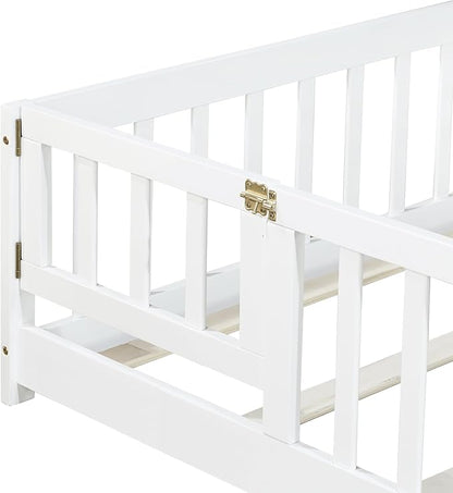 Twin Floor Bed Frame with Slats and Safety Guardrail, Wood Twin Size Montessori Floor Bed with Door and Fence, Easy Assemble Montessori Beds for Kids, Girls, Boys, White