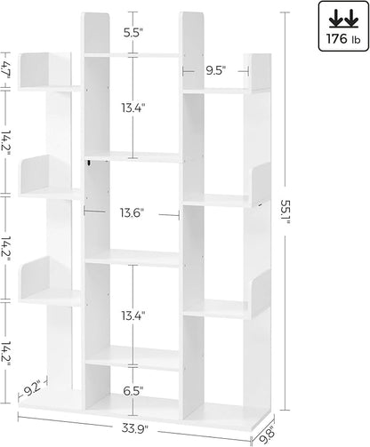 VASAGLE Bookshelf, Tree-Shaped Bookcase with 13 Storage Shelves, Rounded Corners, 9.8”D x 33.9”W x 55.1”H, White ULBC067W01