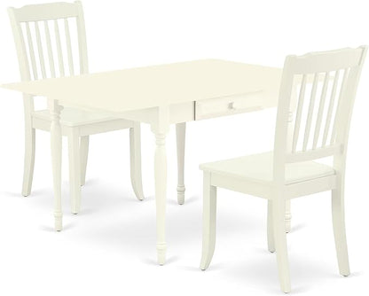 East West Furniture MZDA3-LWH-W 3 Piece Dining Room Furniture Set Contains a Rectangle Kitchen Table with Dropleaf and 2 Dining Chairs, 36x54 Inch, Linen White