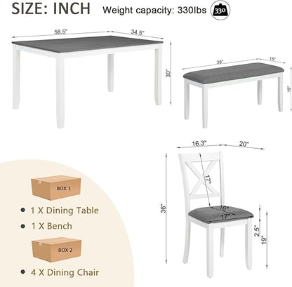soges 6-Piece Kitchen Dining Table Set with Bench, Wood Dining Table Set for 6, Modern 6-Person Table Set for Dining Room, Kitchen, Grey & White