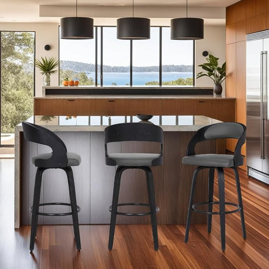 Armen Living Shelly 26" Counter Height Swivel Gray Faux Leather and Black Wood Bar Stool