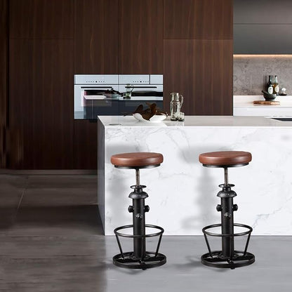 Topower Antique Industrial Round Bottom Adjustable Height Cafe Coffee Retro Vintage Stylish Water Pipe Design Pub Kitchen Bar Stool (Silver, PU Leather Top)