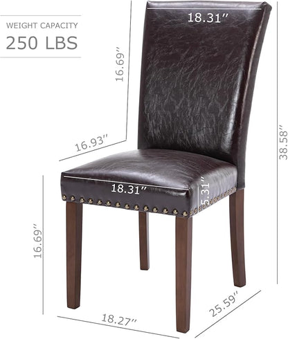 COLAMY Upholstered Parsons Dining Chairs Set of 2, PU Leather Dining Room Kitchen Side Chair with Nailhead Trim and Wood Legs - Dark Brown