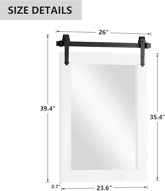 Bathroom Mirror for Over Sink 26”x40” Farmhouse Barn Door Mirror Rustic Wood Framed Wall Mirror for Bathroom, Bedroom, Entryway (Bright White)