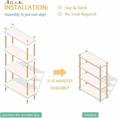 IOTXY 4-Tier Wooden Shelf Bookcase - Modern Open Bookshelf, Free Standing Storage Rack, Multifunctional Display Stand for Home and Office, Oak, Rectangle