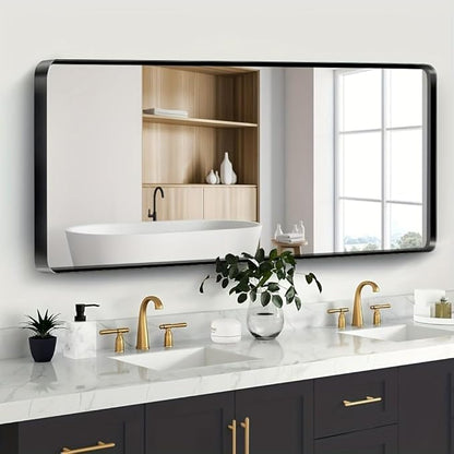 Black Bathroom Mirror 77X36 Inch, Black Metal Framed Mirror for Wall, Rounded Rectangle Matte Bathroom Vanity Mirror with Tempered Glass, Anti-Rust, Horizontal/Vertical