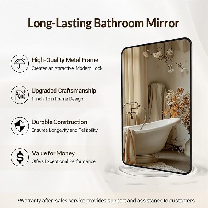 ANDY STAR Black Rectangle Mirror, 24x36 Inch Stainless Steel Metal Frame Bathroom Mirror for Over Sink, Modern Rounded Corner Black Vanity Wall Mirror, Hangs Horizontally or Vertically
