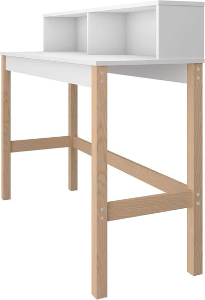 Manhattan Comfort Bowery 47 Inch Mid Century Modern Home Office Desk, Study Table or Entryway Furniture with 2 Cubbies and Rustic Wood Base, White/Oak