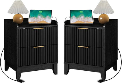 Wnutrees Fluted Nightstand with Charging Station, Modern Bedside Table with 2 Drawers, Farmhouse Wooden End Side Table Living Room, 2 Pack, Black