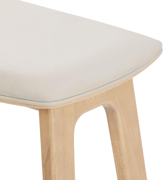 Plank+Beam Beryl Bar Height Stool - Mid-Century Modern Rubberwood Bar Stool with Faux Leather Seat, Metal Footrest, Easy Assembly, 2-Pack, Blonde/Sesame