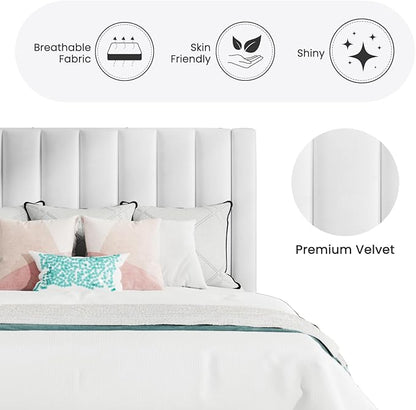 SHA CERLIN Full Bed Frame/Velvet Upholstered Platform Bed Frame with Headboard/Strong Wood Slats Support/Mattress Foundation/No Box Spring Needed/Easy Assembly/White