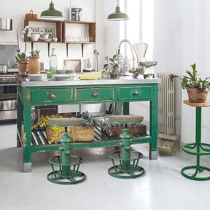 Topower Antique Industrial Round Bottom Adjustable Height Cafe Coffee Retro Vintage Stylish Water Pipe Design Pub Kitchen Bar Stool (Antique Green, PU Leather Top)
