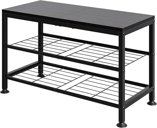 3-Tier Shoe Rack Bench - Entryway Organizer with Shoe Storage, Sturdy Shoe Shelf for Front Door, Small Space Saving Furniture, Black, Holds 286lbs,27.2" x 12.0" x 15.9"
