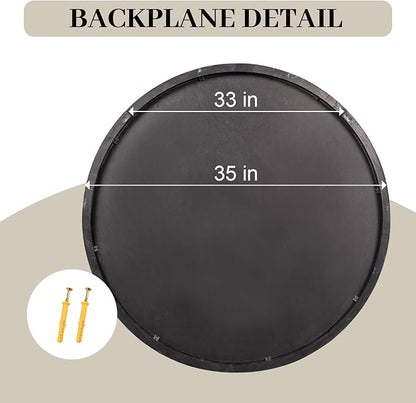 35" Round Wood Mirror, Large Wooden Round Mirror, Wood Round Mirrors for Wall Decor, Rustic Circle Wall Mirrors for Entryway, Living Room, White Washed Frame