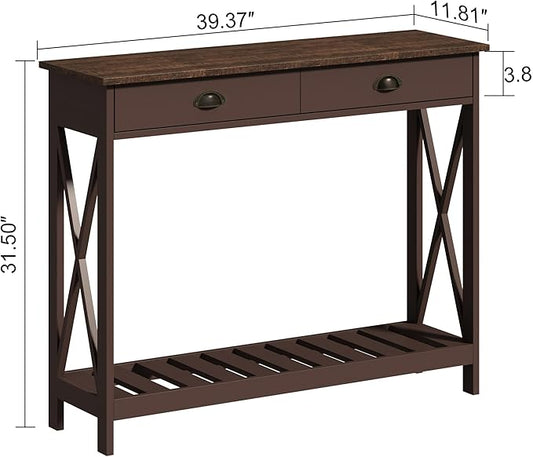 ChooChoo Farmhouse Console Table with Drawer for Entryway, Narrow Long Entry Table with Shelf for Living Room, Rustic Vintage Hallway Sofa Table with Stable X Supports, 40 Espresso