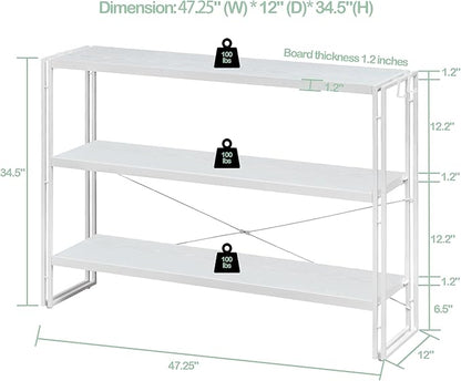 HCHQHS Bookshelf, 3-Tier Industrial Bookcase, White Open Book Shelf, Freestanding Horizontal Bookshelves with Metal Frame
