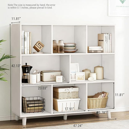 IOTXY Open Cube Low Bookcase - 3-Tier Freestanding Storage Display Cabinet Organizer with Legs for Home Office, 8-Cubes Open Shelf Short Bookshelf, White