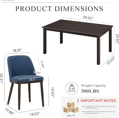 COLAMY 60 Inch Rectangular Kitchen Dining Table for 4, Modern Farmhouse Dining Table Set for 4, Wood Dining Table and Upholstered Dining Chairs for Kitchen, Dining Room, Restaurant, Brown/Blue