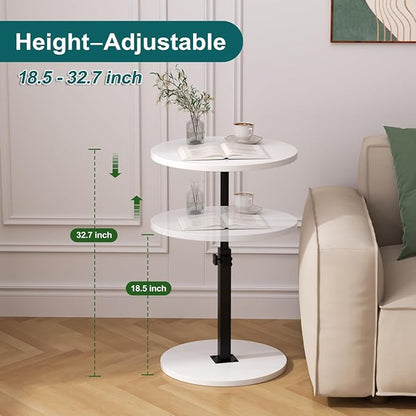 Adjustable Side Table, Round End Table, Small Bedside Table, Mid Century Modern Nightstand for Living Room, Bedroom, Corners and Office (White)
