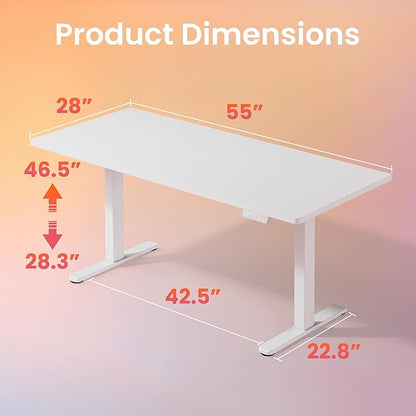 HUANUO 55 x 28 inch Electric Standing Desk Adjustable Height, 4 Memory Height Settings, Sit Stand Up Desk for Home Office & Computer Workstation, White