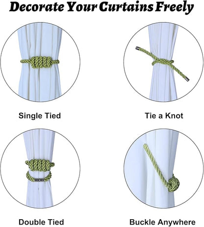 BEL AVENIR Magnetic Curtain Tiebacks, Decorative Drapery Holdbacks Modern Woven Tie-Backs with Exquisite Knot (Green, 4 Pack)