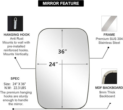 ANDY STAR Brushed Nickel Bathroom Mirror, Large 24x36’’ Brushed Nickel Metal Framed Oblong Wall Mirror, Modern Nickel Oval Vanity Mirror