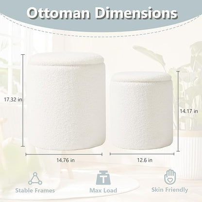 Boucle Round Ottoman with Storage Set of 2,Small Foot Stool Ottoman for Living Room, Small Coffee Table,Vanity Stool with Storage for Bedroom, White