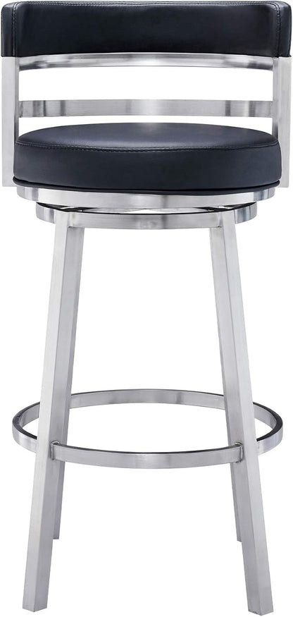 Armen Living Titana 26" Counter Height Swivel Black Faux Leather and Brushed Stainless Steel Bar Stool