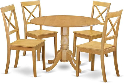 East West Furniture DLBO5-OAK-W 5 Piece Dining Set Includes a Round Dining Room Table with Dropleaf and 4 Kitchen Chairs, 42x42 Inch, Oak