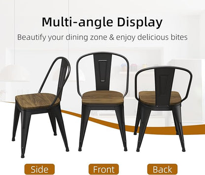 18 Inch Dining Chairs Set of 4, Farmhouse Metal Chairs with High Back and Wooden Seat, Stackable Industrial Bar stools for Dining Room(Black)