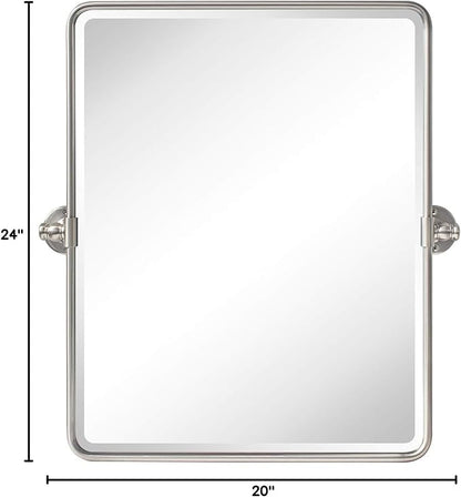 TEHOME 20 x 24 inch Farmhouse Nickel Metal Framed Pivot Rectangle Bathroom Mirror Rounded Rectangluar Tilting Beveled Vanity Mirrors for Wall