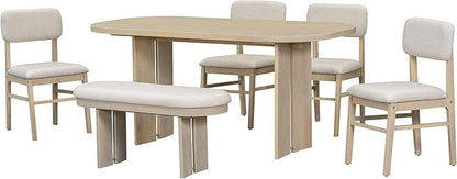 Merax Farmhouse Wooden Dining Set of 6, 65 Inch Rectangular Kitchen Table, Upholstered 4 Chairs with Backrest, Bench with Cushion, Easy Assemble, Natural
