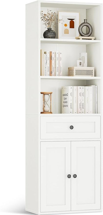 Casaottima Bookshelf and Bookcase with Doors and Drawer, Floor Standing 6-Tier Shelf Display Storage Shelves, Tall Bookcases for Home Office, Living Room, White
